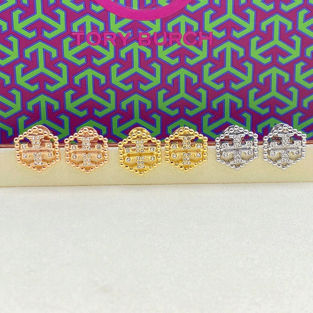 Tory Burch Hexagonal Earrings Rhinestone Letter Metal